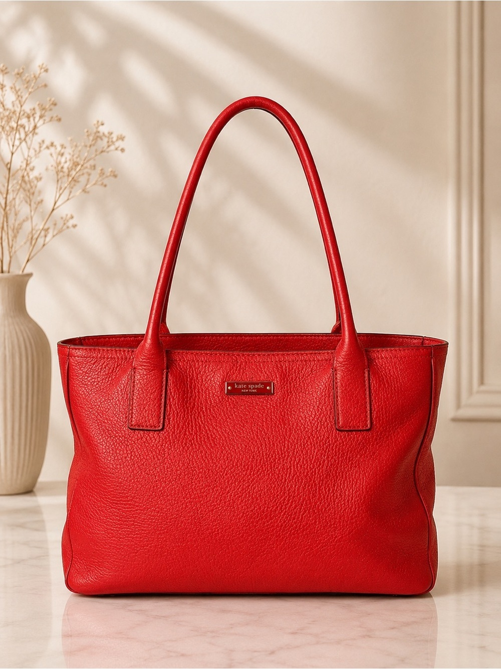 Kate Spade New York Red Pebbled Leather Large Tote Bag Work Laptop Shoulder Bag